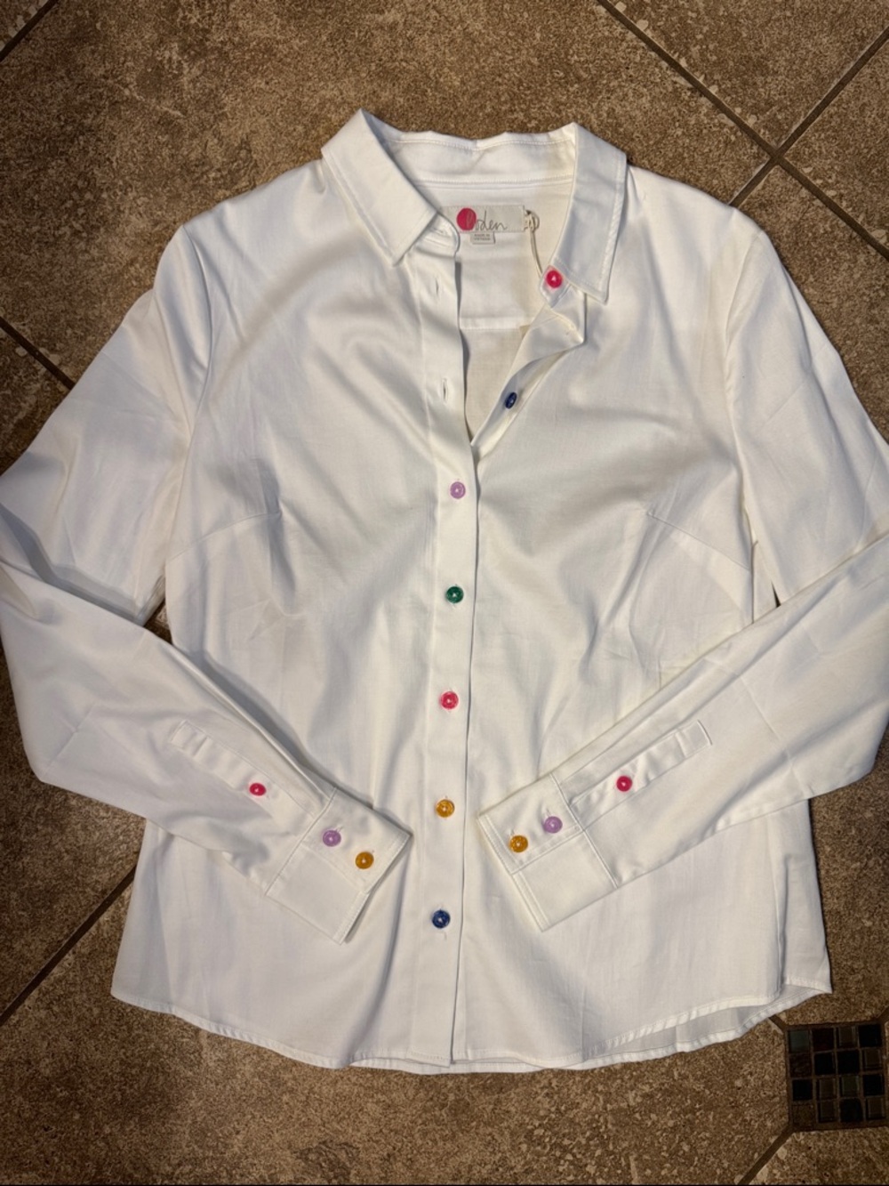 Boden White Button-Front Blouse with Multicolor Buttons